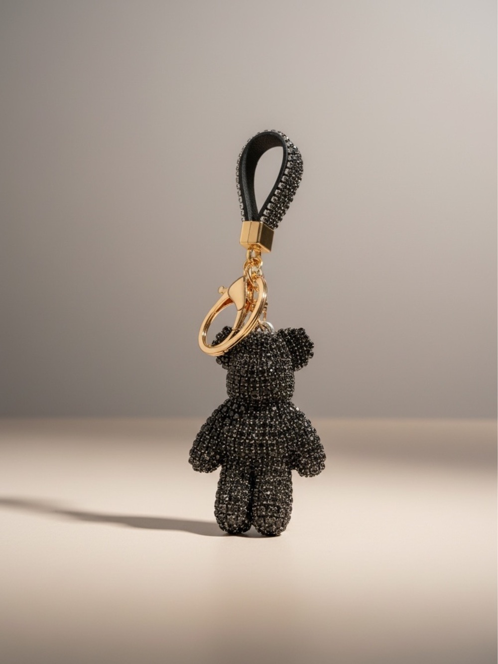 Gold Keyring with Black Crystal Teddy Charm and Strap - Picture 4 of 5